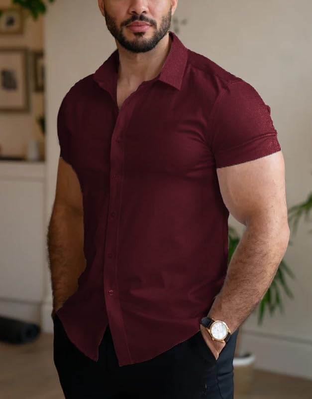 Men’s Muscle Fit Dress Shirts Athletic Slim Fit Short Sleeve Stretch Casual Button Down Shirt