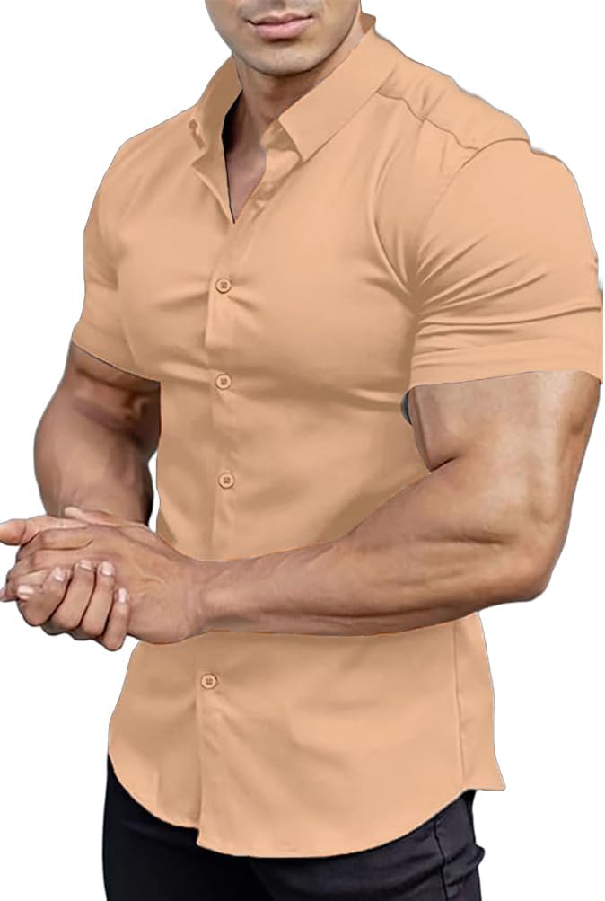 Men’s Muscle Fit Dress Shirts Athletic Slim Fit Short Sleeve Stretch Casual Button Down Shirt