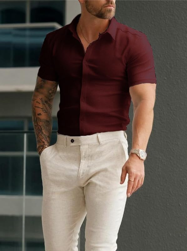 Men’s Muscle Fit Dress Shirts Athletic Slim Fit Short Sleeve Stretch Casual Button Down Shirt