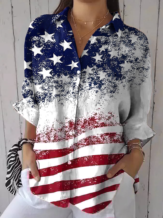 Women's Independence Day Floral Patchwork Art Design Printed Casual Shirt