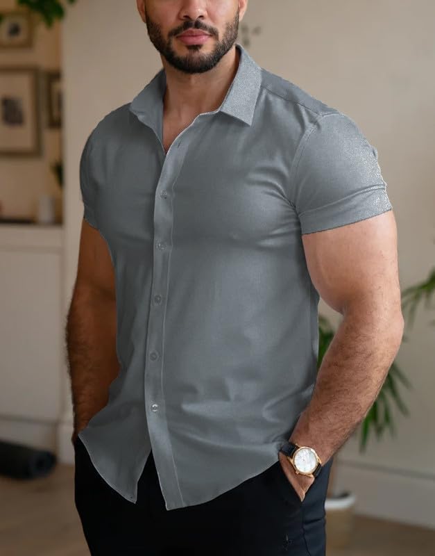 Men’s Muscle Fit Dress Shirts Athletic Slim Fit Short Sleeve Stretch Casual Button Down Shirt