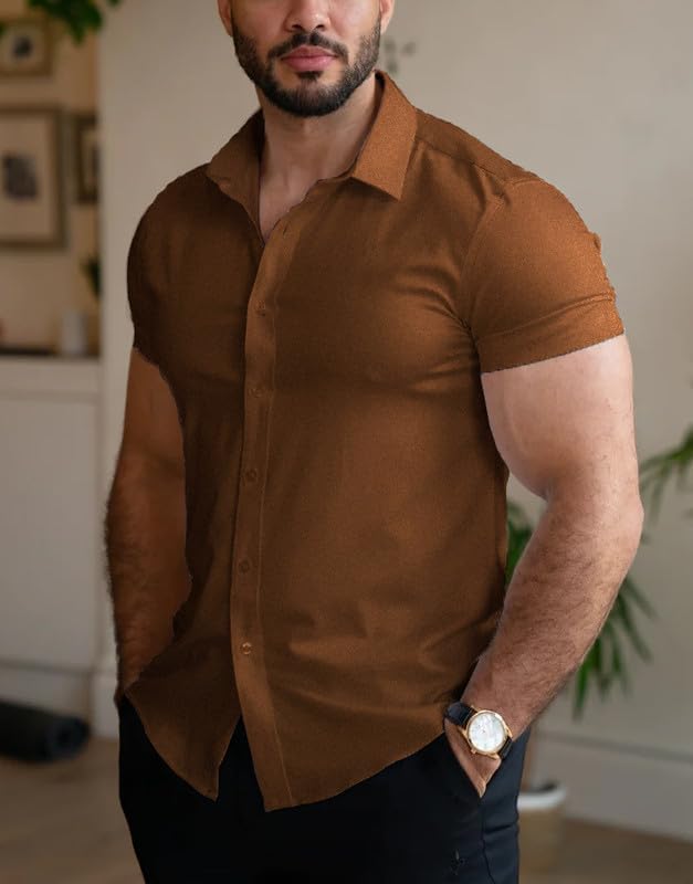 Men’s Muscle Fit Dress Shirts Athletic Slim Fit Short Sleeve Stretch Casual Button Down Shirt