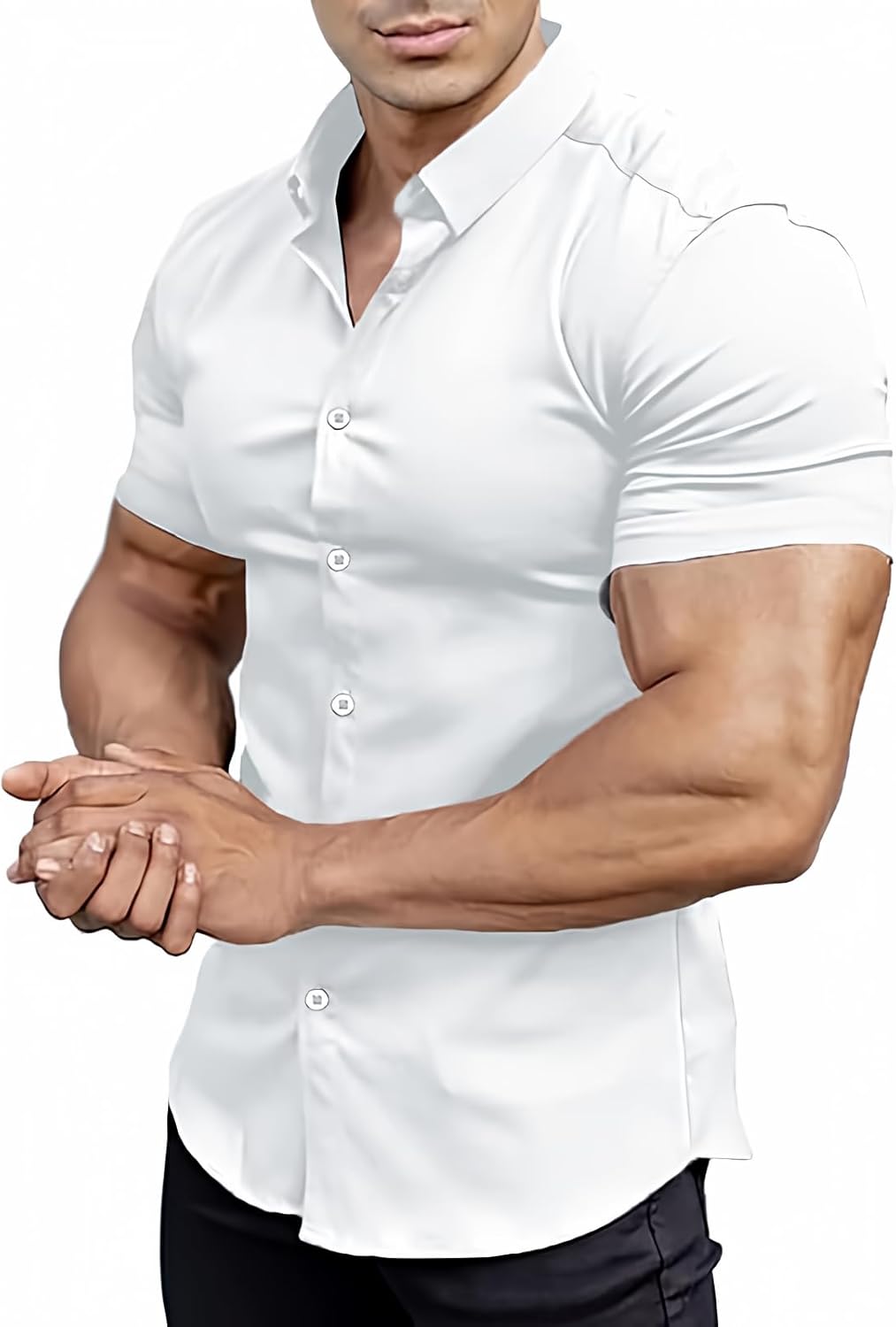 Men’s Muscle Fit Dress Shirts Athletic Slim Fit Short Sleeve Stretch Casual Button Down Shirt
