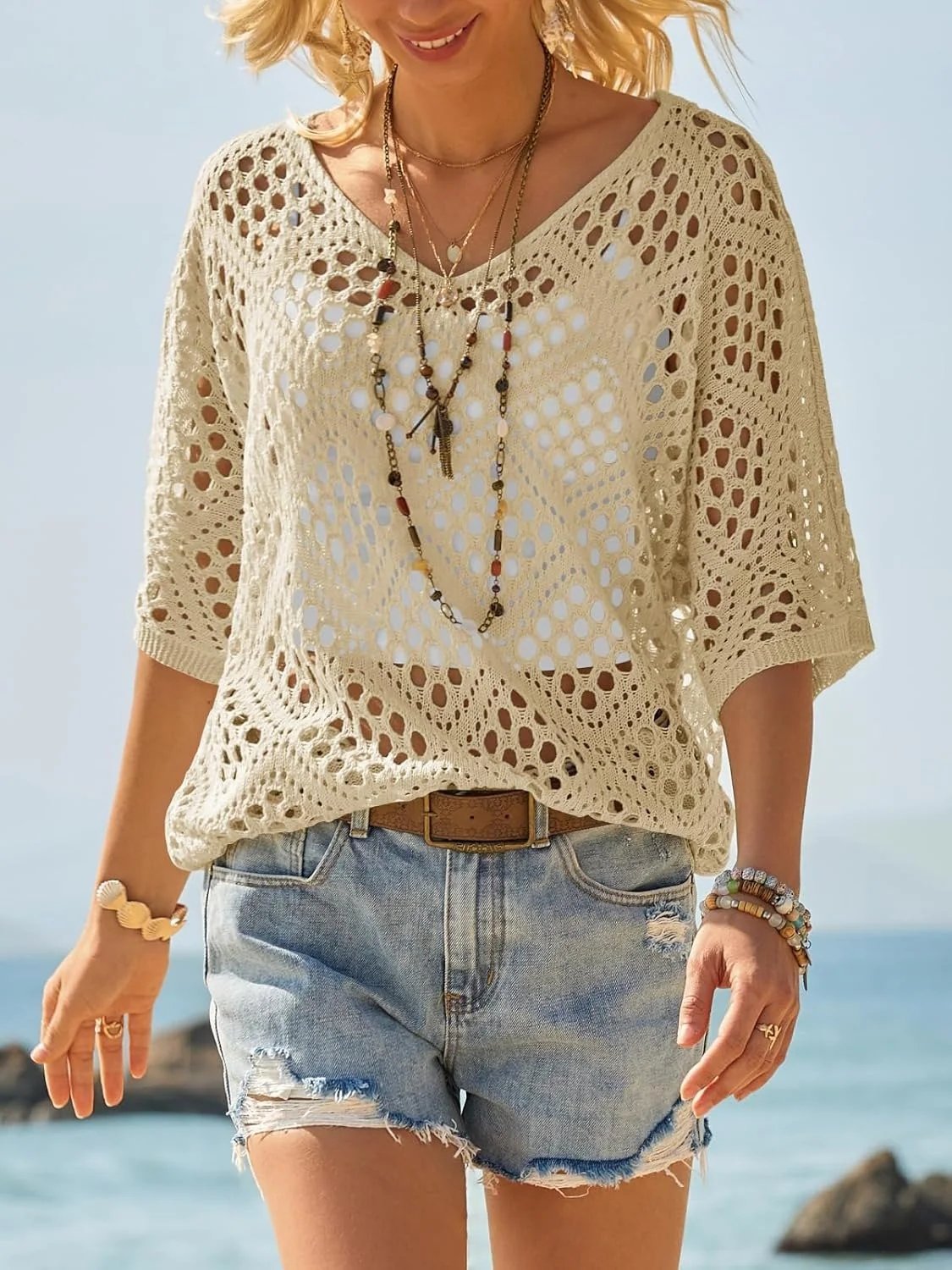 🌿 Handmade Crochet V‐Neck Boho Top | Apricot Summer Essential
