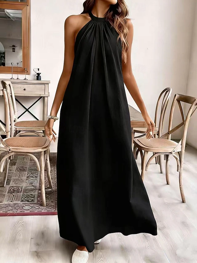 Women’s Halter Neck Maxi Dress – Casual Loose Fit Sleeveless Summer Linen Dress, Elegant Flowy Long Dress