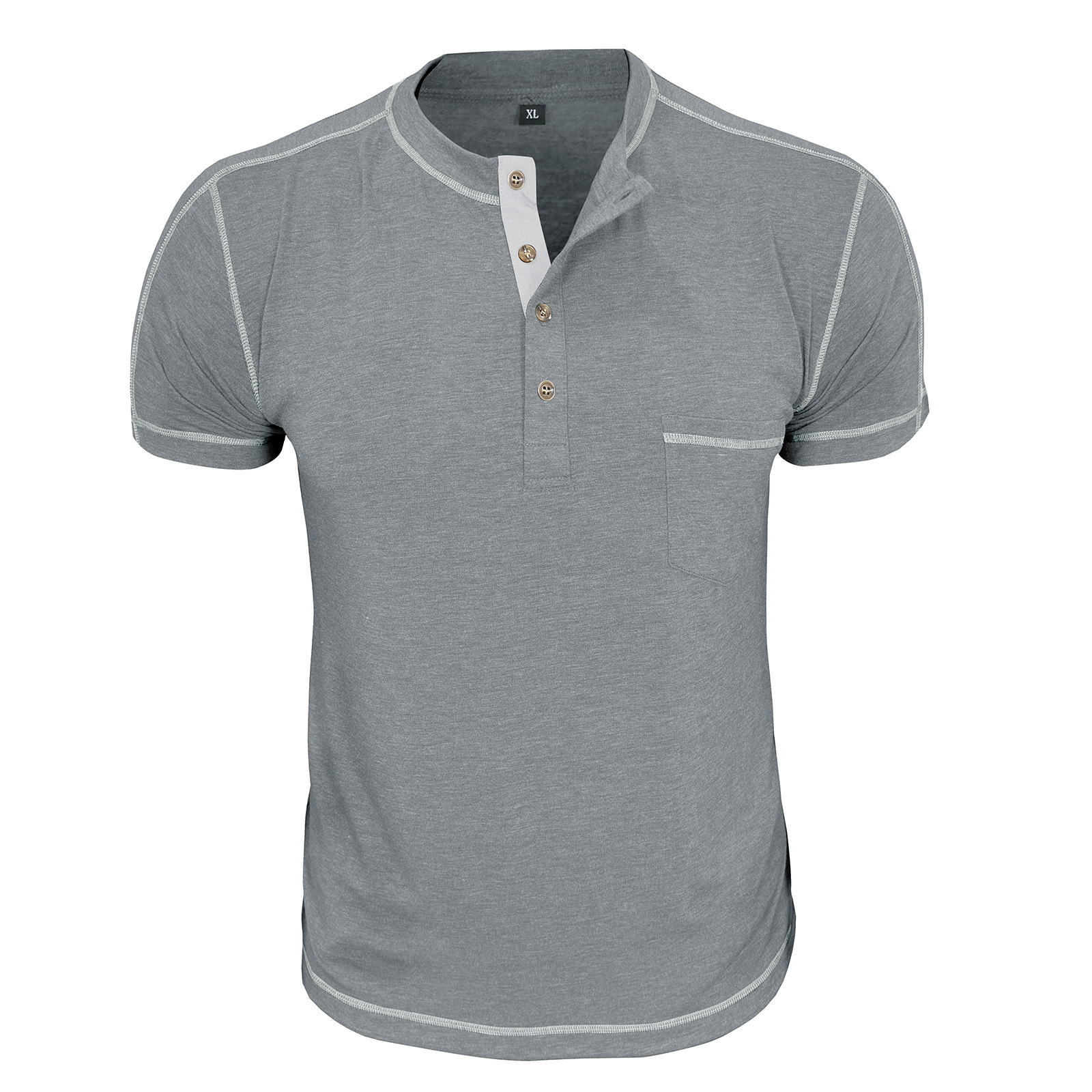Men's Fashion Contrast-Color Short-Sleeve Henley Base Layer T-Shirt with Round Neck
