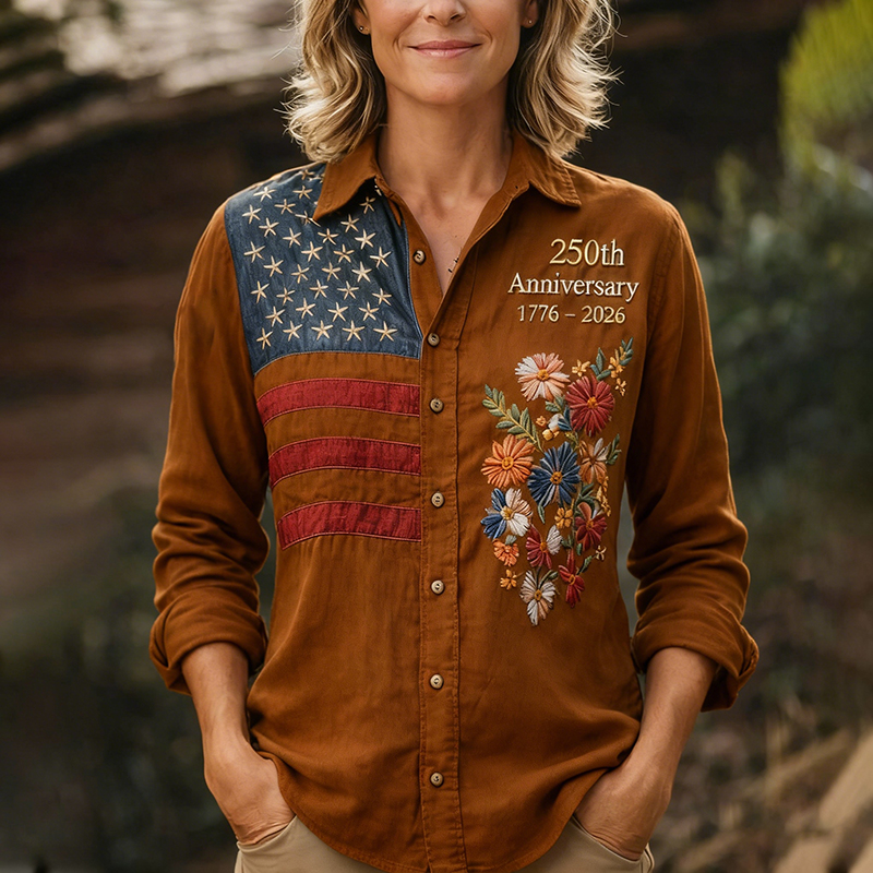Women's 250th Anniversary American Flag Floral Embroidered Button-Up Shirt
