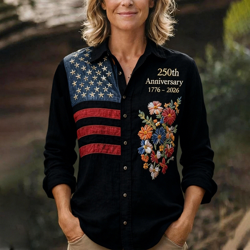 Women's 250th Anniversary American Flag Floral Embroidered Button-Up Shirt
