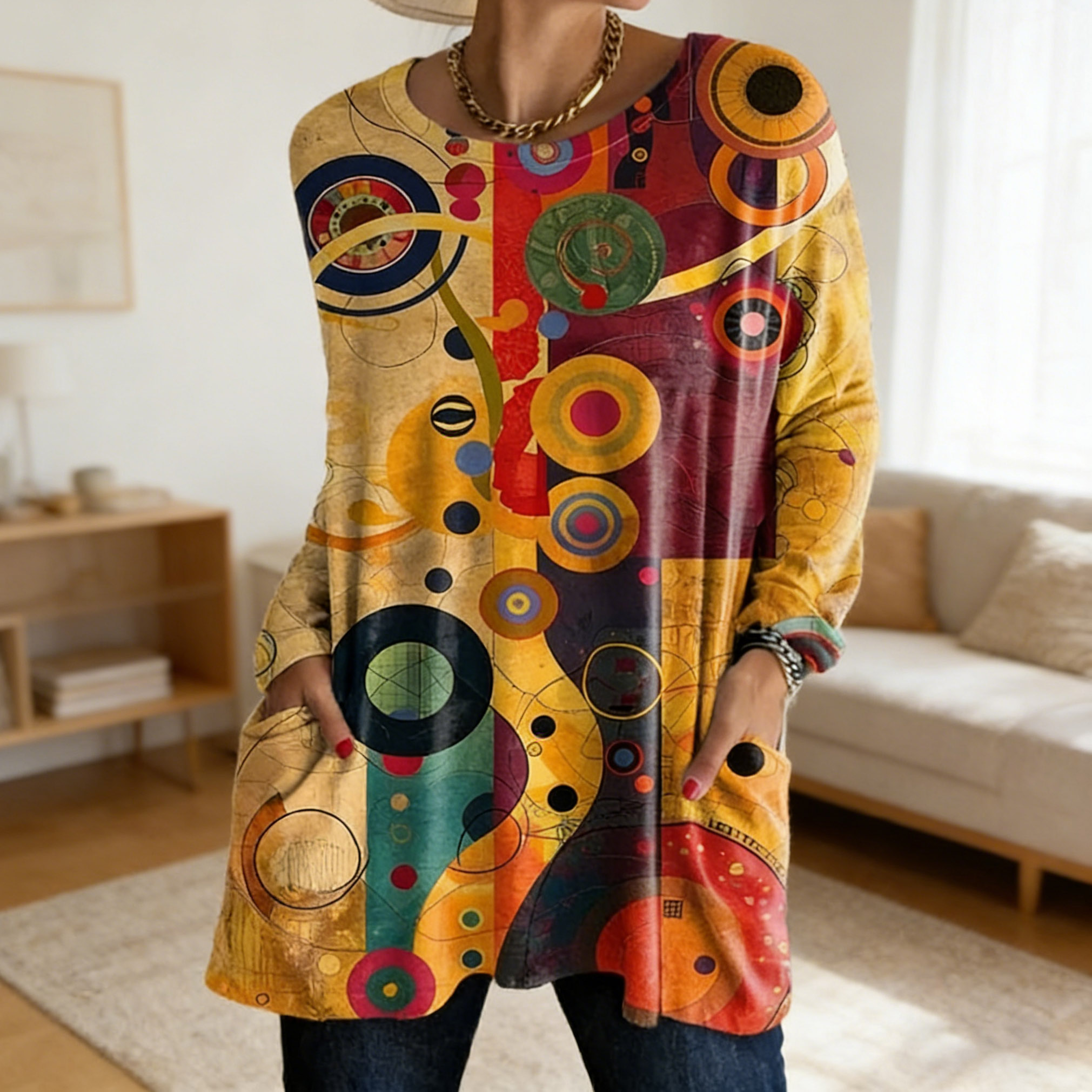 Vintage Boho Colorful Geometric Circle Print Round Neck Loose Fit Pocket Long Sleeve Tunic Top