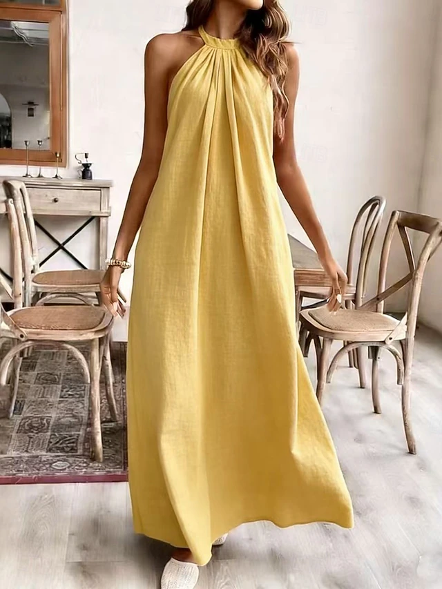 Women’s Halter Neck Maxi Dress – Casual Loose Fit Sleeveless Summer Linen Dress, Elegant Flowy Long Dress