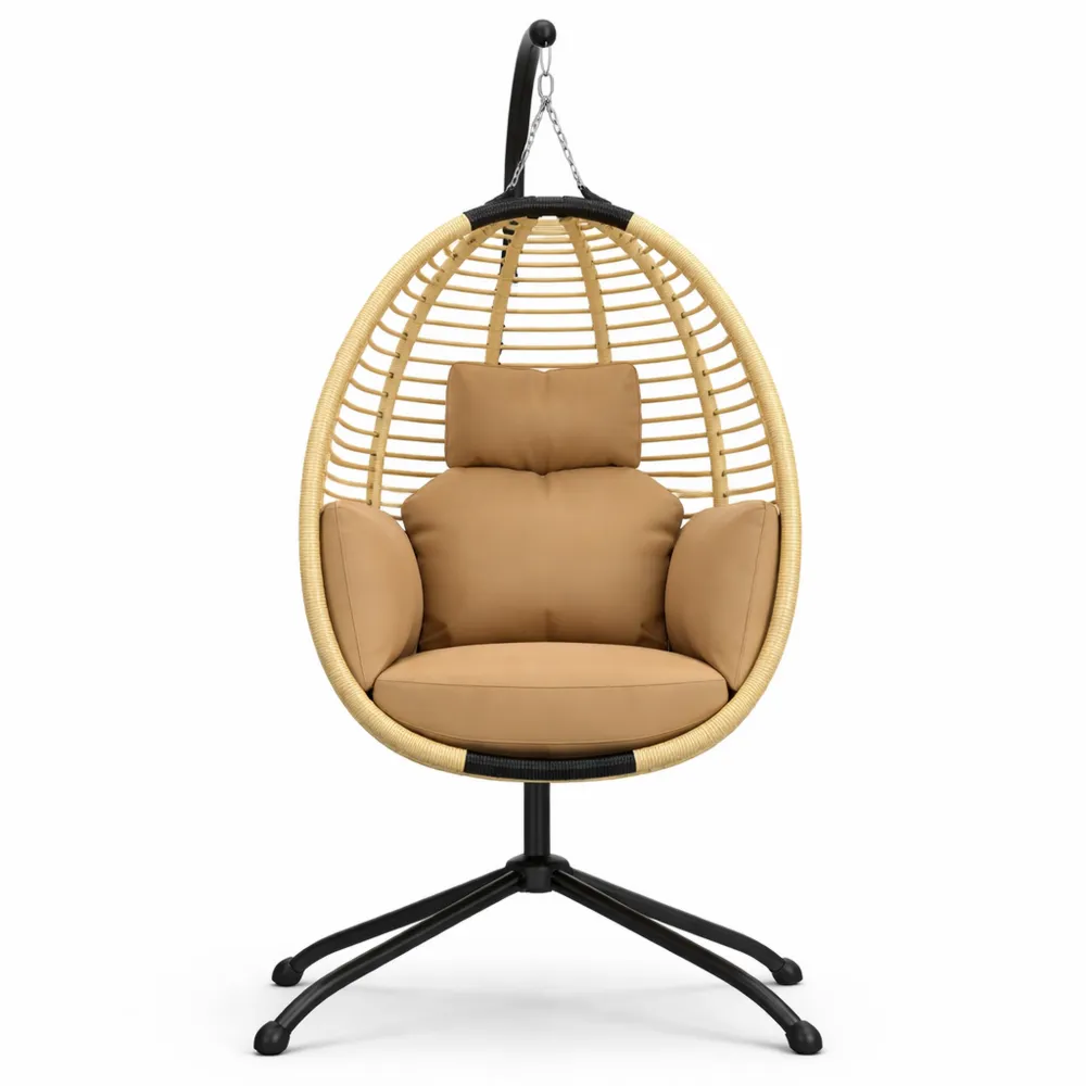 Fauteuil œuf suspendu avec coussin et support, pour intérieur et extérieur, structure en métal, corde en polypropylène, 110 x 100 x 188 cm, beige-Furnispaceco