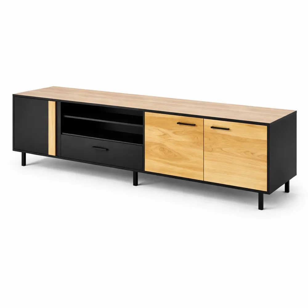 Meuble de télévision moderne avec rangement, noir et bois-Nestcraftly