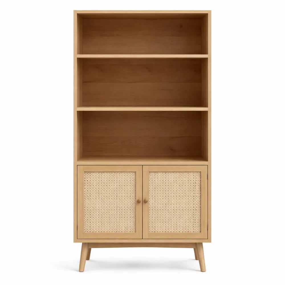 Étagère en bois effet chêne et rotin tressé-Nestcraftly