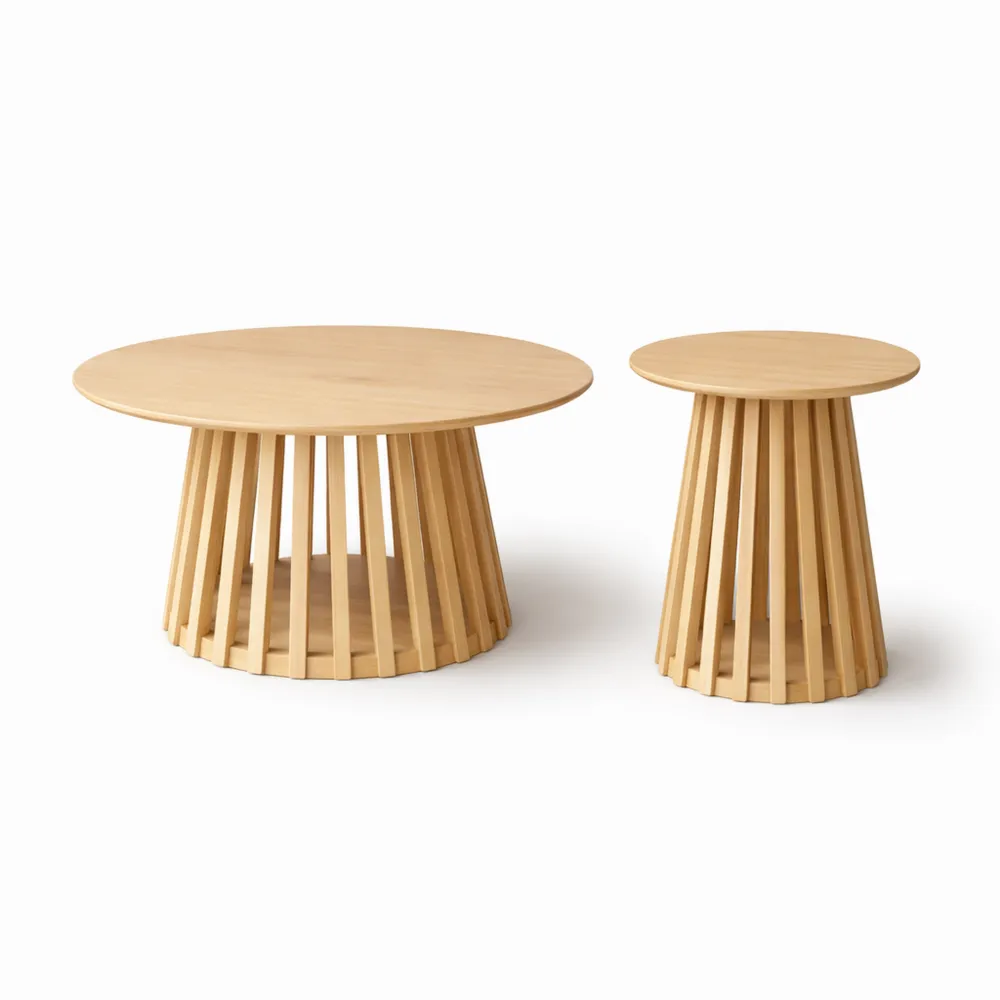 Ensemble de 2 tables basses rondes avec plateau effet chêne-Nestcraftly