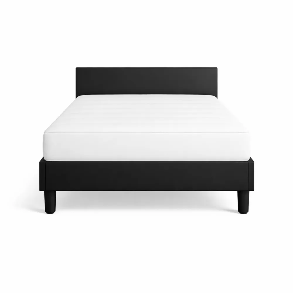 Cadre de lit avec tête de lit matelassée en cuir synthétique noir, 90 x 190 cm-Nestcraftly