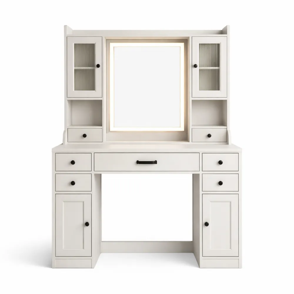 Table de Maquillage avec Miroir Éclairé et Rangement Multiple-Nestcraftly