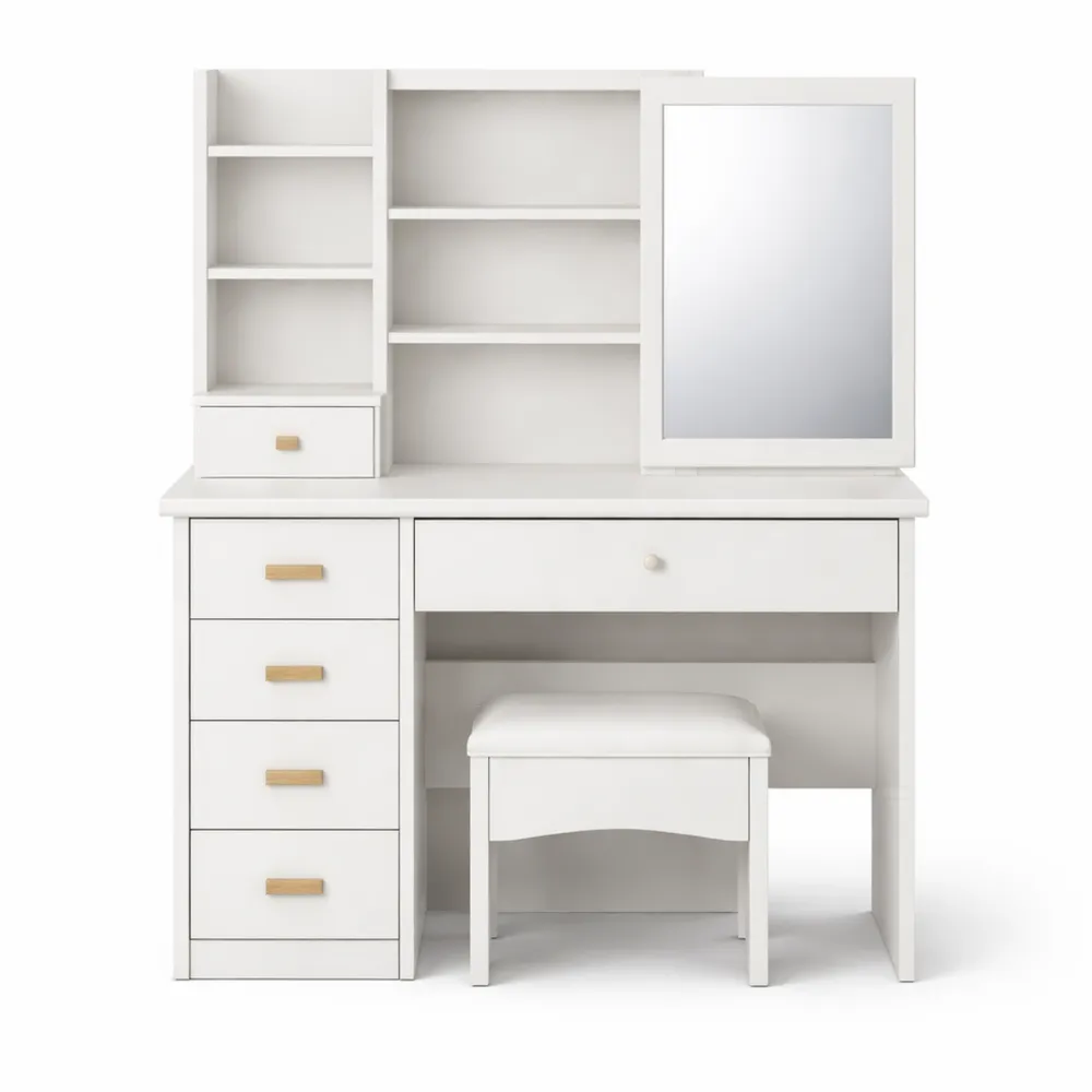 Coiffeuse avec miroir et tabouret pour espace restreint, dotée de 5 tiroirs et étagères-Nestcraftly