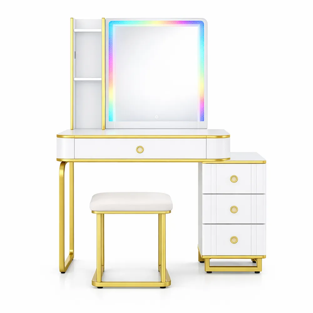 Coiffeuse avec Miroir LED à Écran Tactile et Télécommande, Station de Charge Intégrée, 3 Étagères et 4 Tiroirs-Nestcraftly