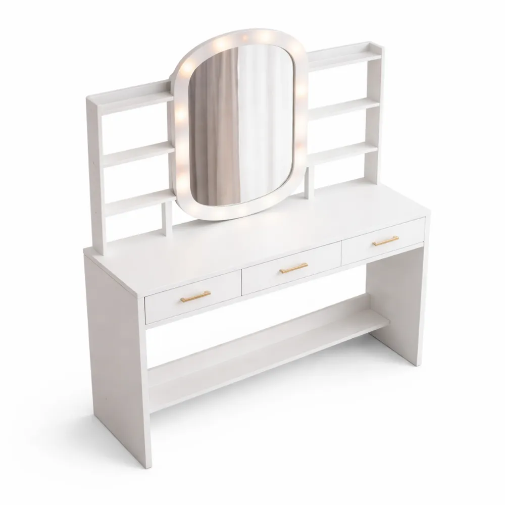 Coiffeuse Blanche avec Miroir LED et Étagères-Nestcraftly