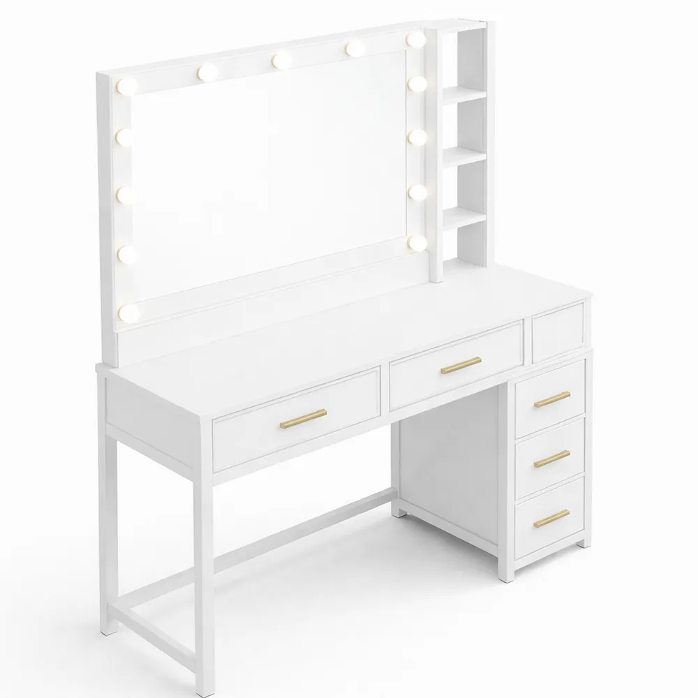 Table de maquillage avec miroir LED réglable, 5 tiroirs et compartiments ouverts, 110 cm, blanc-Nestcraftly