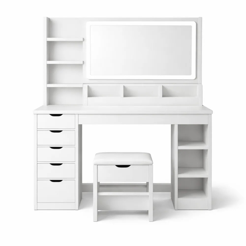 Table de Maquillage Blanche avec Grand Miroir LED et Tabouret, 5 Tiroirs et Étagères-Nestcraftly