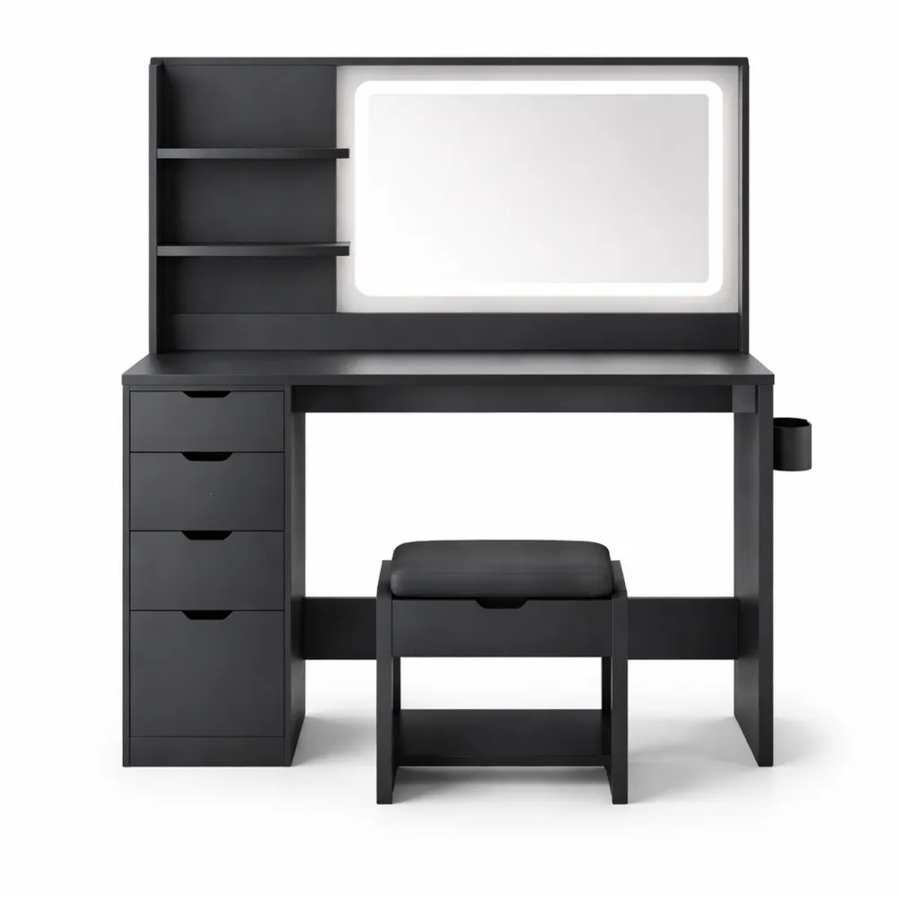 Coiffeuse d'angle avec éclairage LED, miroir 3 couleurs, 5 tiroirs et prises intégrées, noire-Nestcraftly