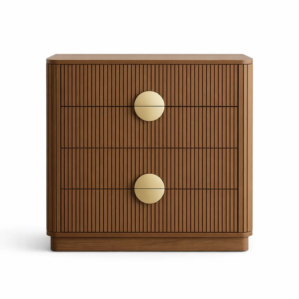 Commode 4 Tiroirs Design Noyer avec Façades Cannelées-Nestcraftly