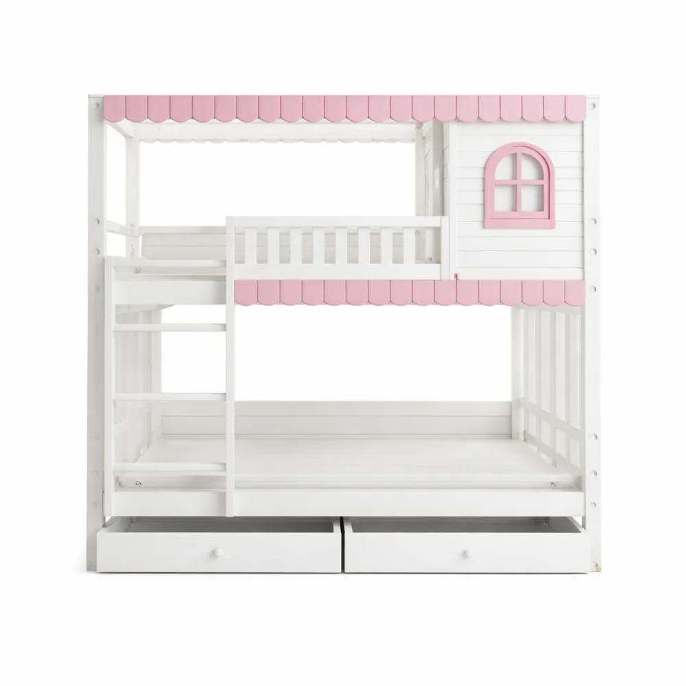 Lit superposé enfant avec protection anti-chute et étagères, deux tiroirs, blanc et rose-Woodhavenxco