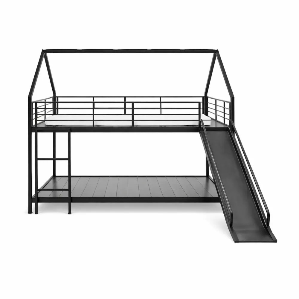 Lit mezzanine enfants avec toboggan et rangement, structure métallique, échelle 3 marches-Woodhavenxco