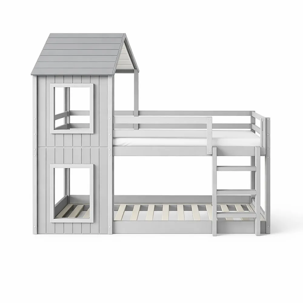 Lit mezzanine sécurisé en bois massif avec sommier à lattes pour chambre enfant-Woodhavenxco