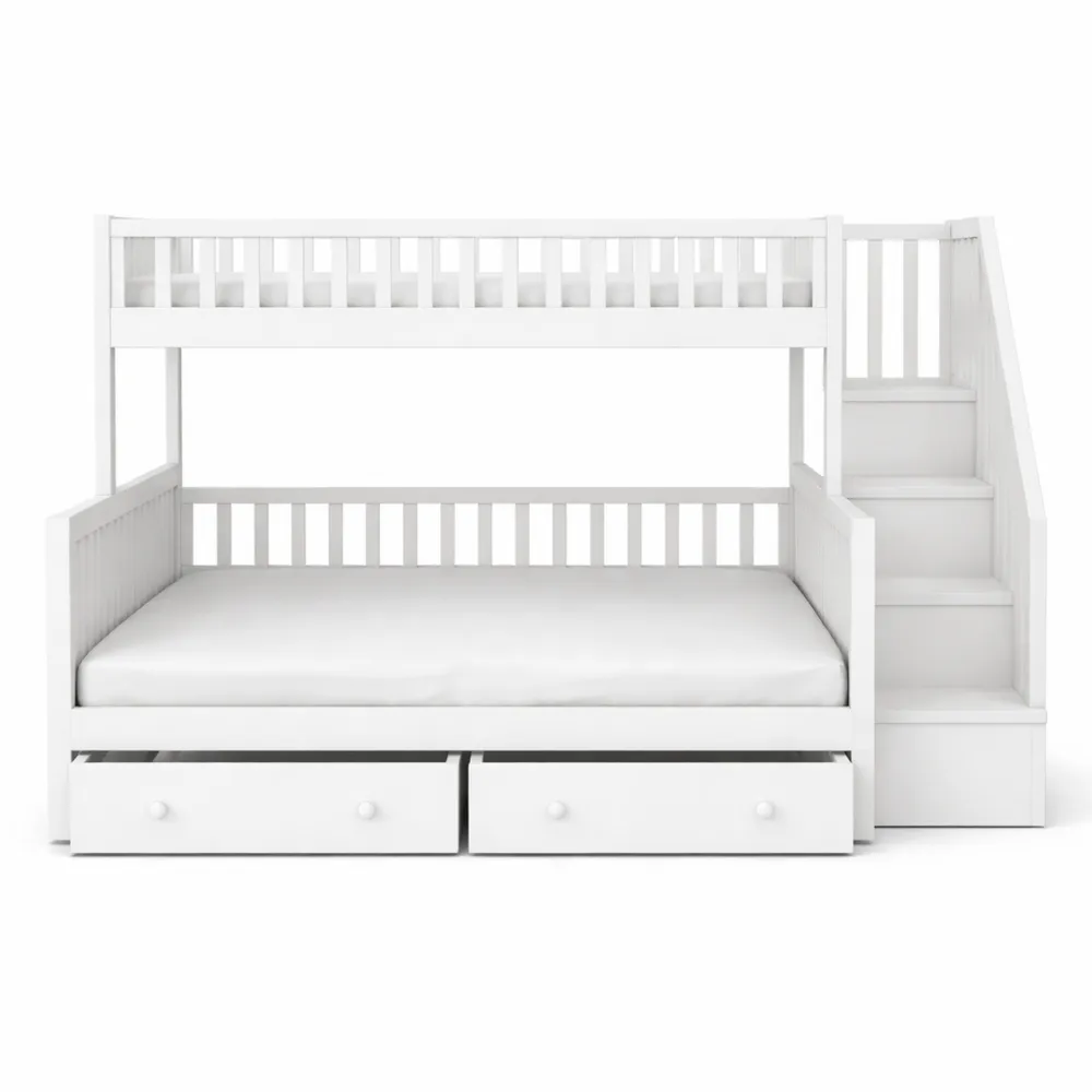 Lit superposé multifonctionnel avec tiroirs intégrés et échelle de sécurité, espace de rangement optimal, pour enfant, blanc, sans matelas-Woodhavenxco