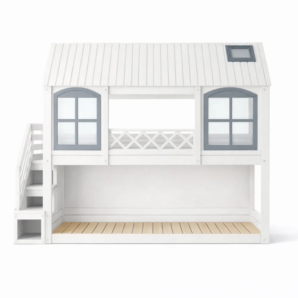 Lits superposés pour enfants avec toit et fenêtres, protection anti-chute et escalier de rangement-Woodhavenxco