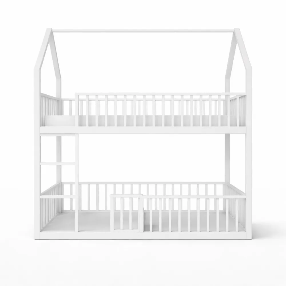 Lit superposé métallique pour enfants avec protection et échelle, blanc-Woodhavenxco