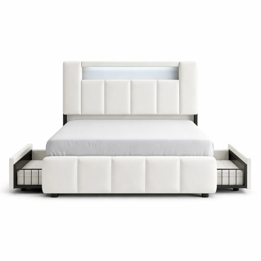 Lit Simple avec Éclairage LED et Rangement Pratique, 90x200 cm-Woodhavenxco