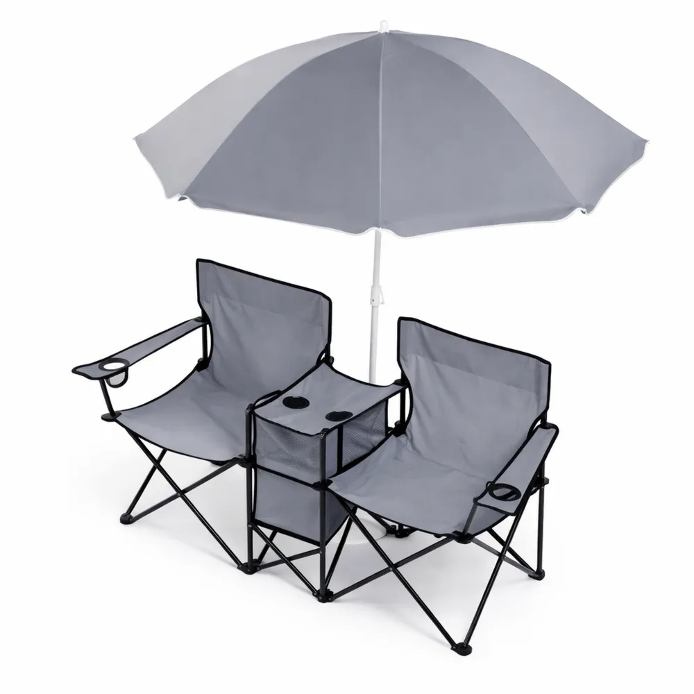 Double Chaise Pliante avec Parasol, Idéale pour Activités Extérieures-Woodhavenxco