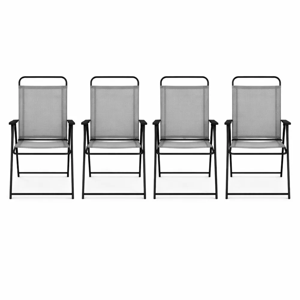 Set de 4 chaises pliantes de jardin extérieur en tissu polyester respirant gris-Woodhavenxco