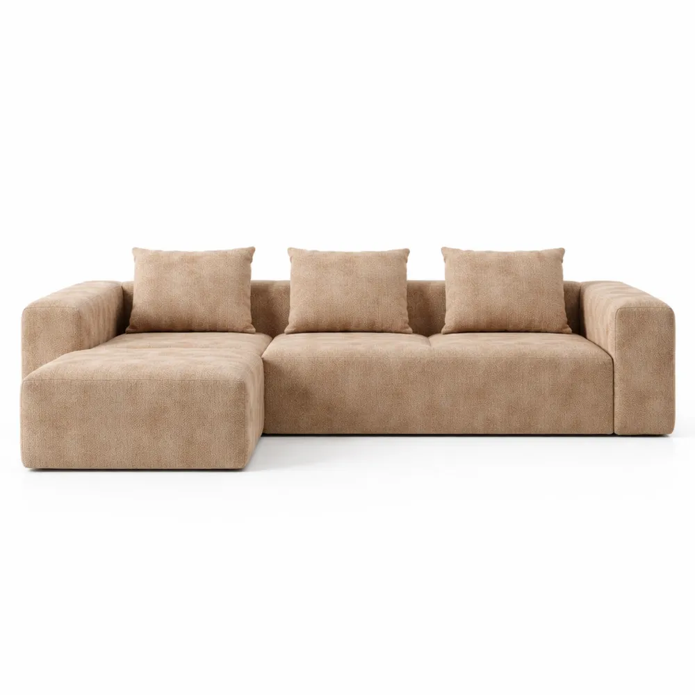 Canapé modulaire 3 places en chenille avec méridienne et poches latérales-Homecraftedco