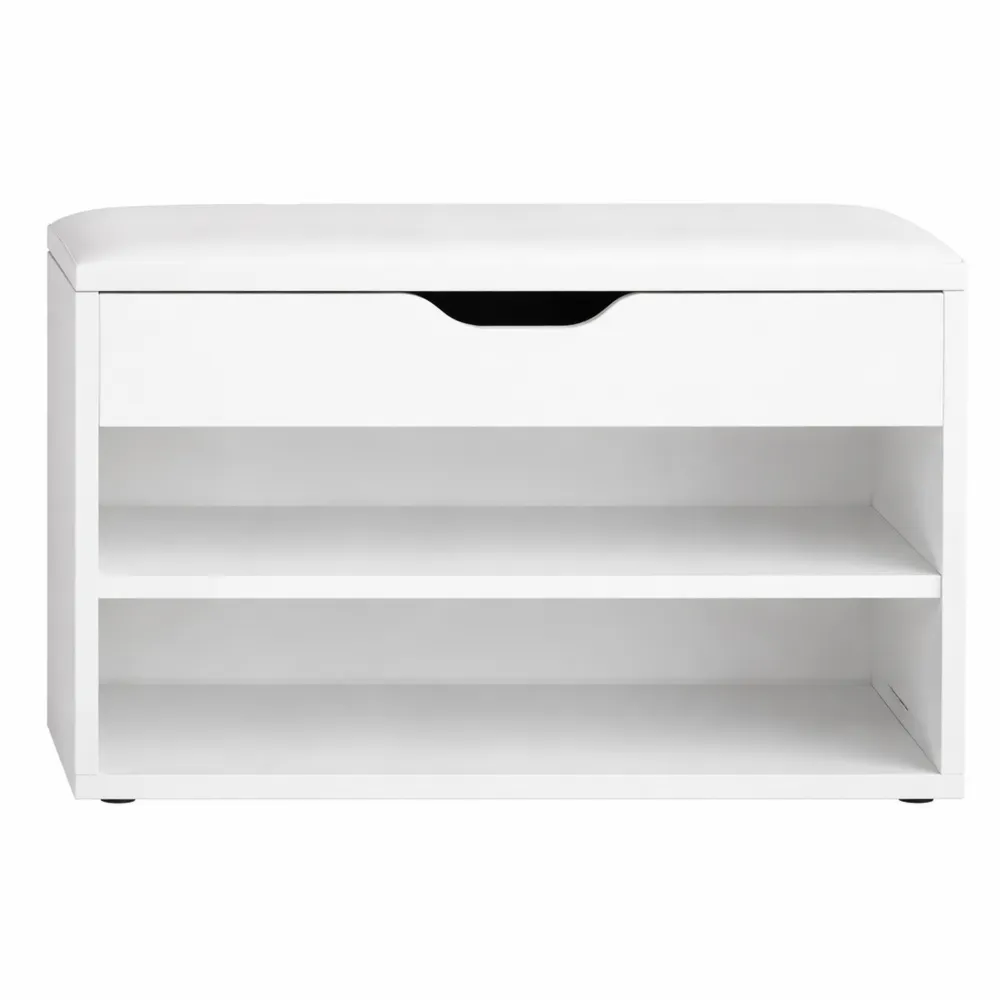 Banc de rangement à chaussures avec coussin confortable, 2 étagères, blanc, 60x30x44 cm, capacité 120 kg-Homecraftedco