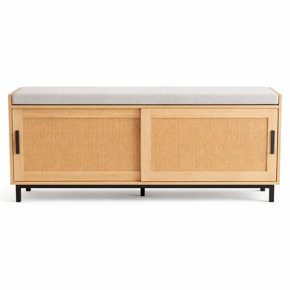 Banc de rangement d'entrée avec coussin, portes coulissantes et façades en rotin-Homecraftedco