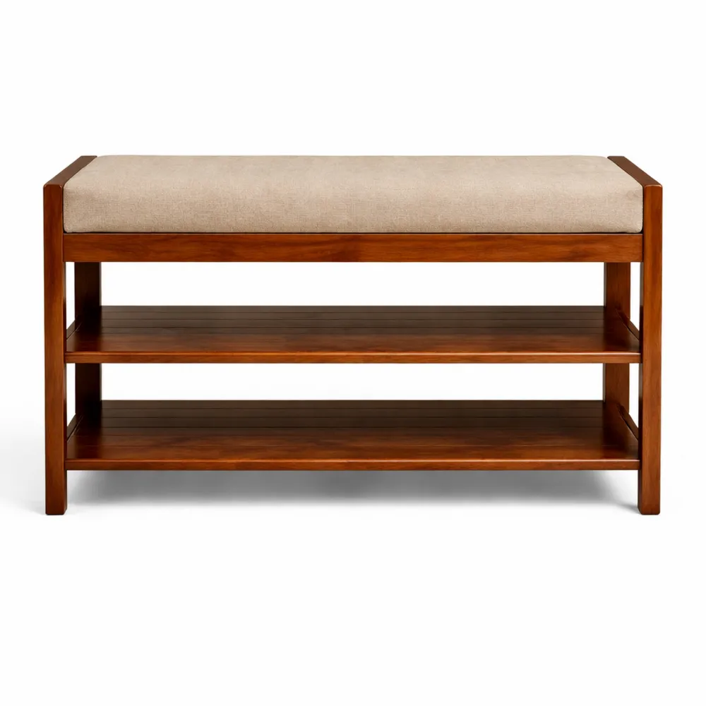 Banc de rangement pour chaussures en bambou avec assise rembourrée, 3 niveaux, 50 cm-Homecraftedco