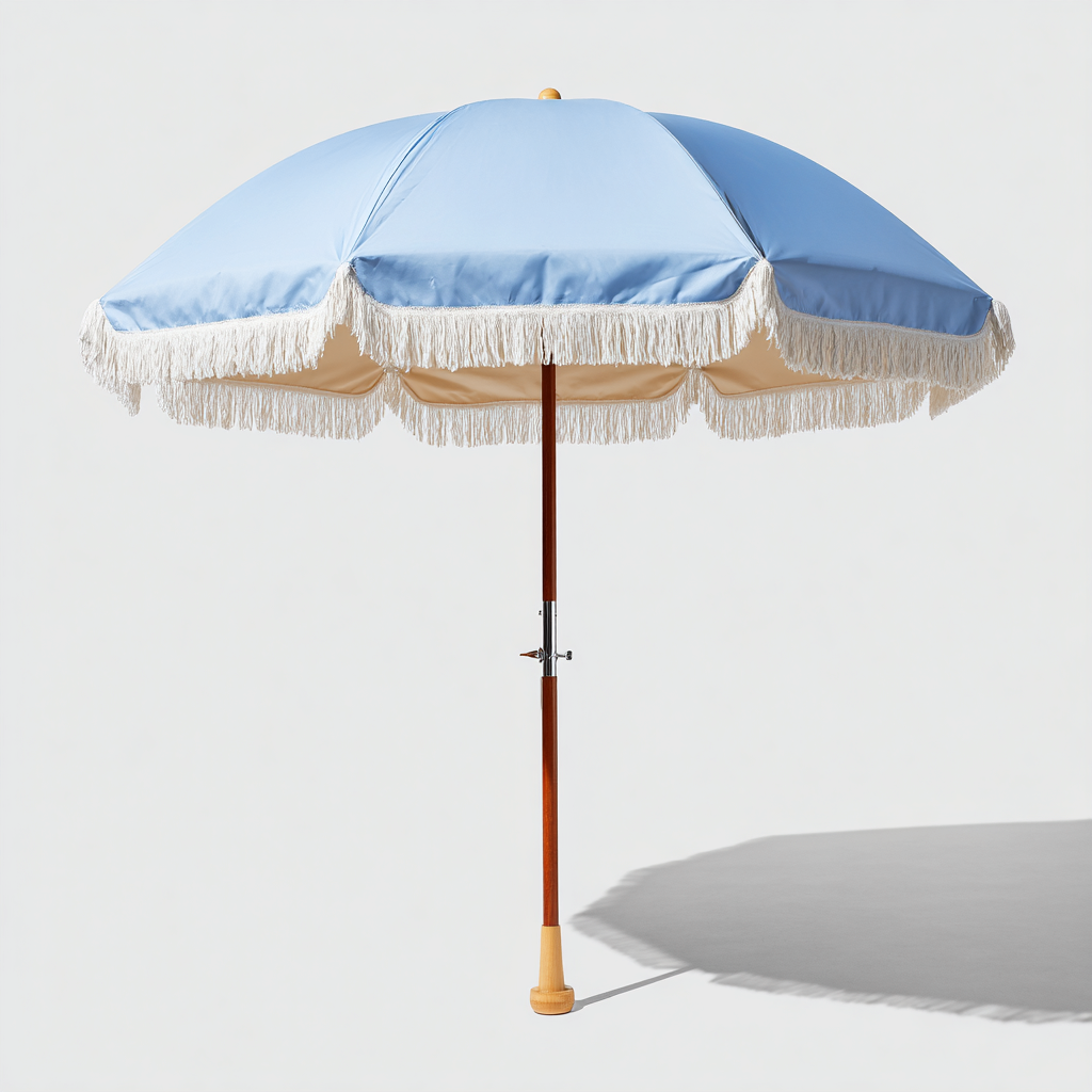 Gartenschirm-Holz-Polyester-190x210 cm-Hellblau-Beige-Klassisches Design mit Fransen-Craftgoshop