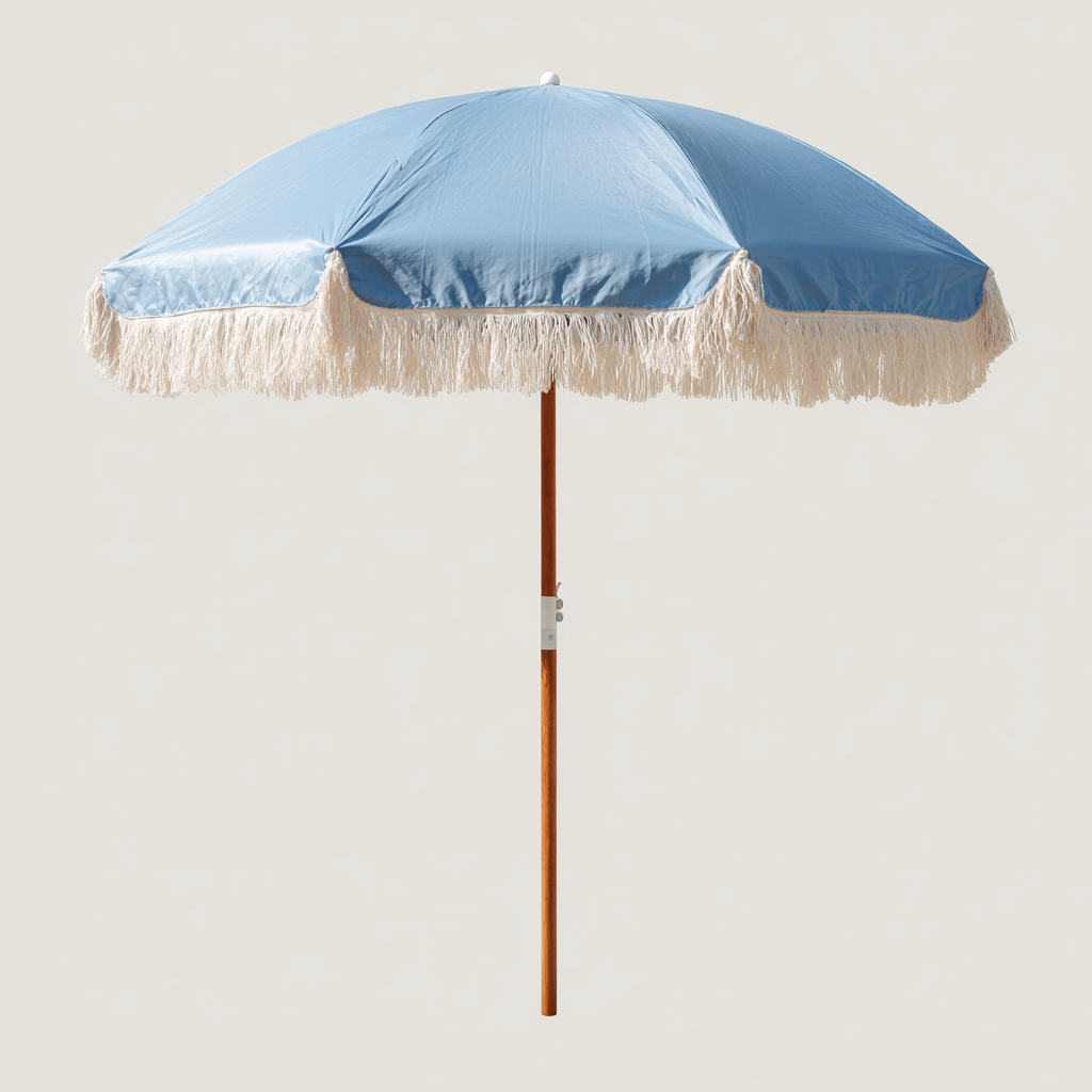 Gartenschirm-Holz-Polyester-200x215 cm-Hellblau-Beige-Klassisches Design mit Fransen-Craftgoshop