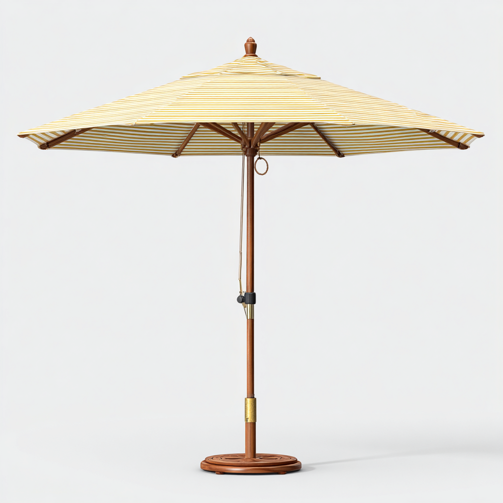 Gartenschirm-Holz-Polyester-260x245 cm-Gelb Weiß Streifen-Klassischer Terrassenstil-Craftgoshop