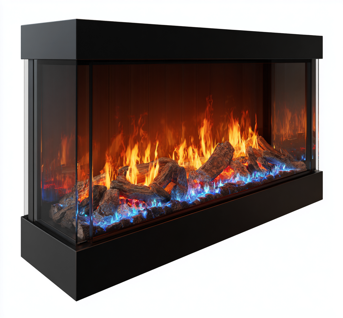 Kamin - Glas-Metall - 150x35x70 cm - Schwarz-Klar - Panorama LED-Flammeneffekt Modernes Design-Craftgoshop