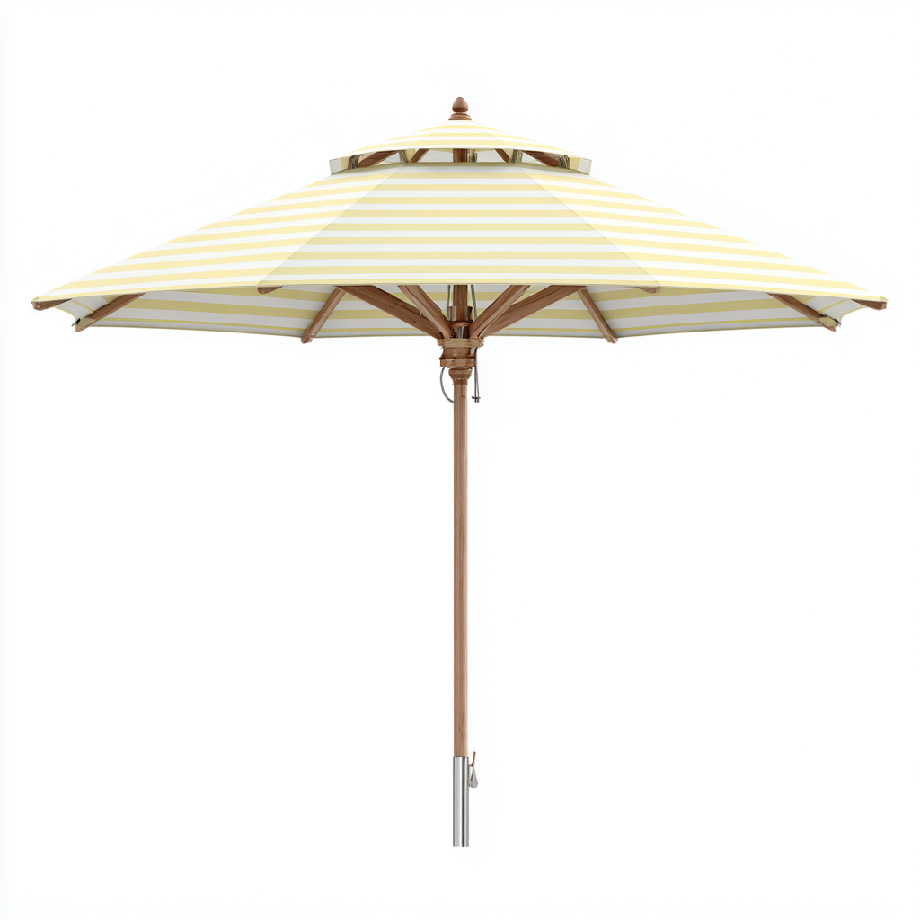 Gartenschirm-Holz-Polyester-270x250 cm-Gelb Weiß Streifen-Klassischer Terrassenstil-Craftgoshop
