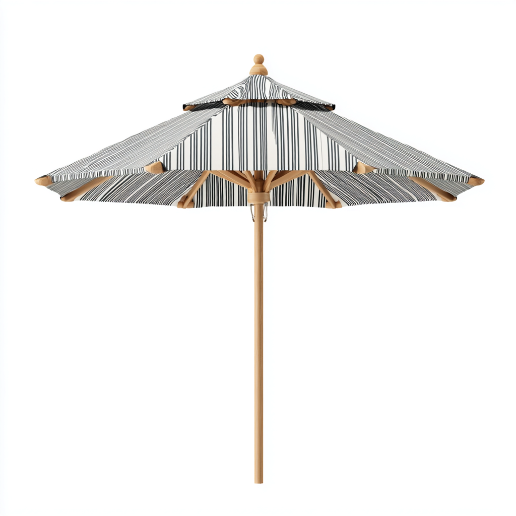 Gartenschirm-Holz-Polyester-250x240 cm-Grau-Weiß Gestreift-Klassisches Streifendesign für Garten-Craftgoshop