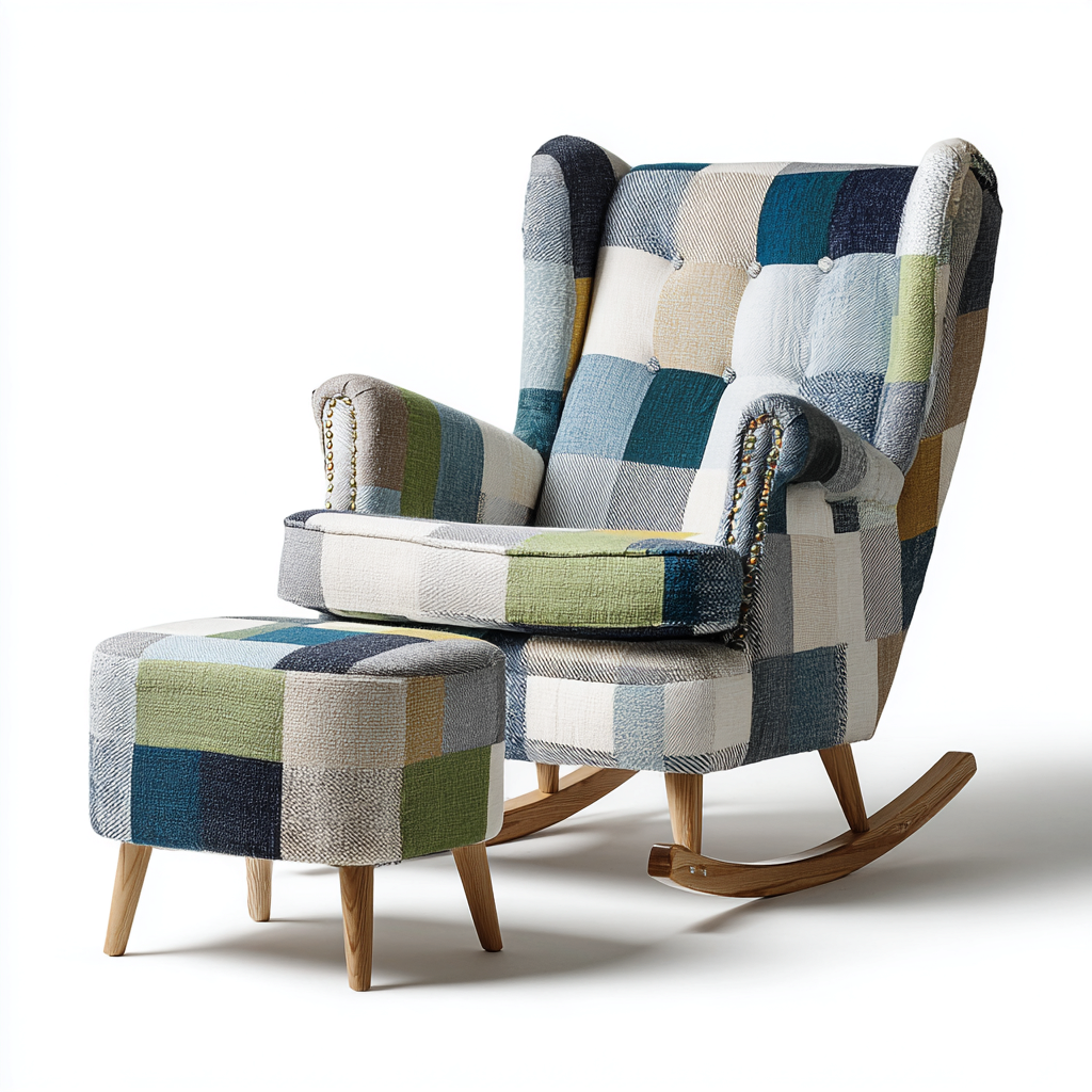 Schaukelstuhl mit Hocker - Stoffpolster - 85x75x105 cm - Mehrfarbig - Patchwork-Design-Craftgoshop