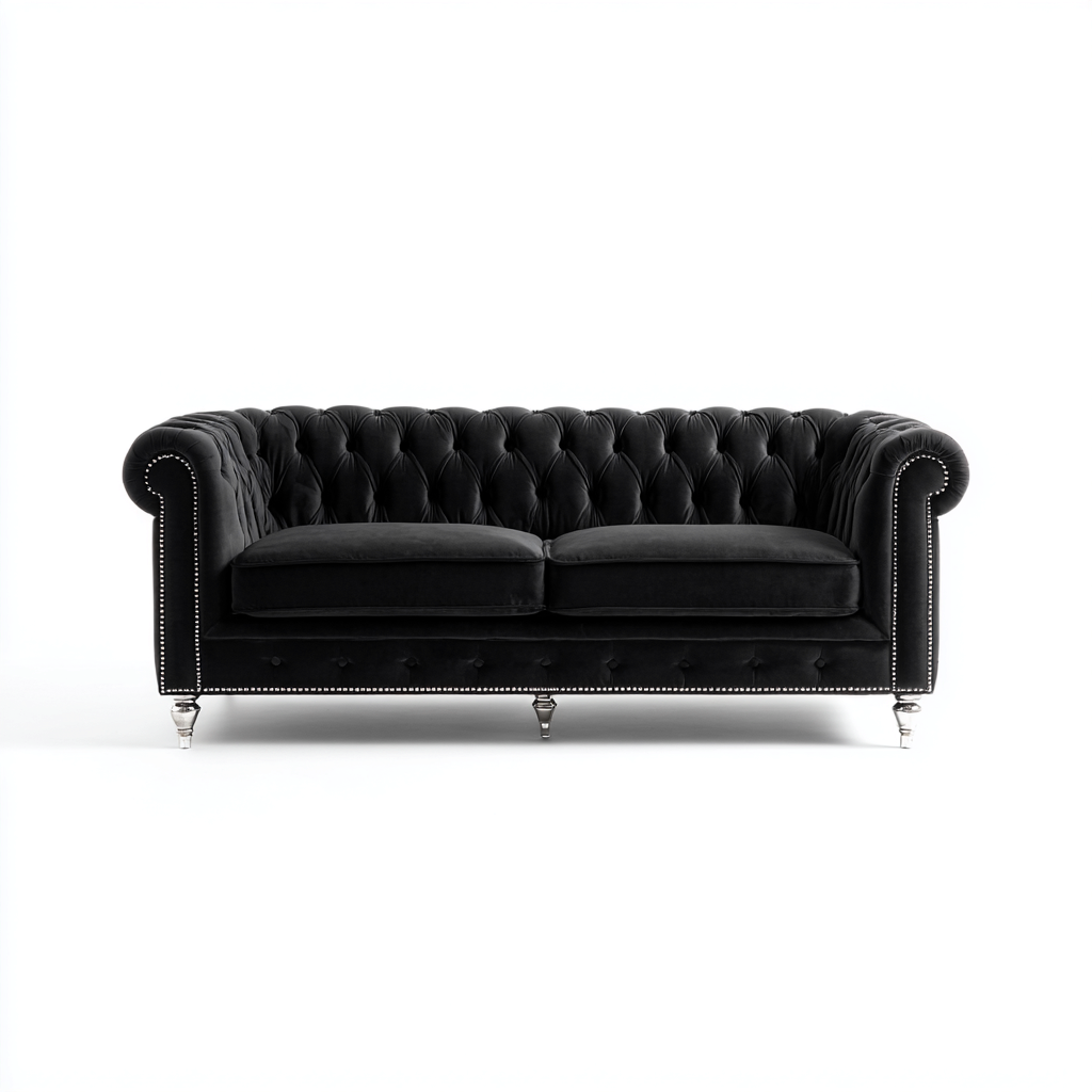 Gerades Sofa - Samt - 185x90x78 cm - Schwarz - Klassisches Design-Craftgoshop