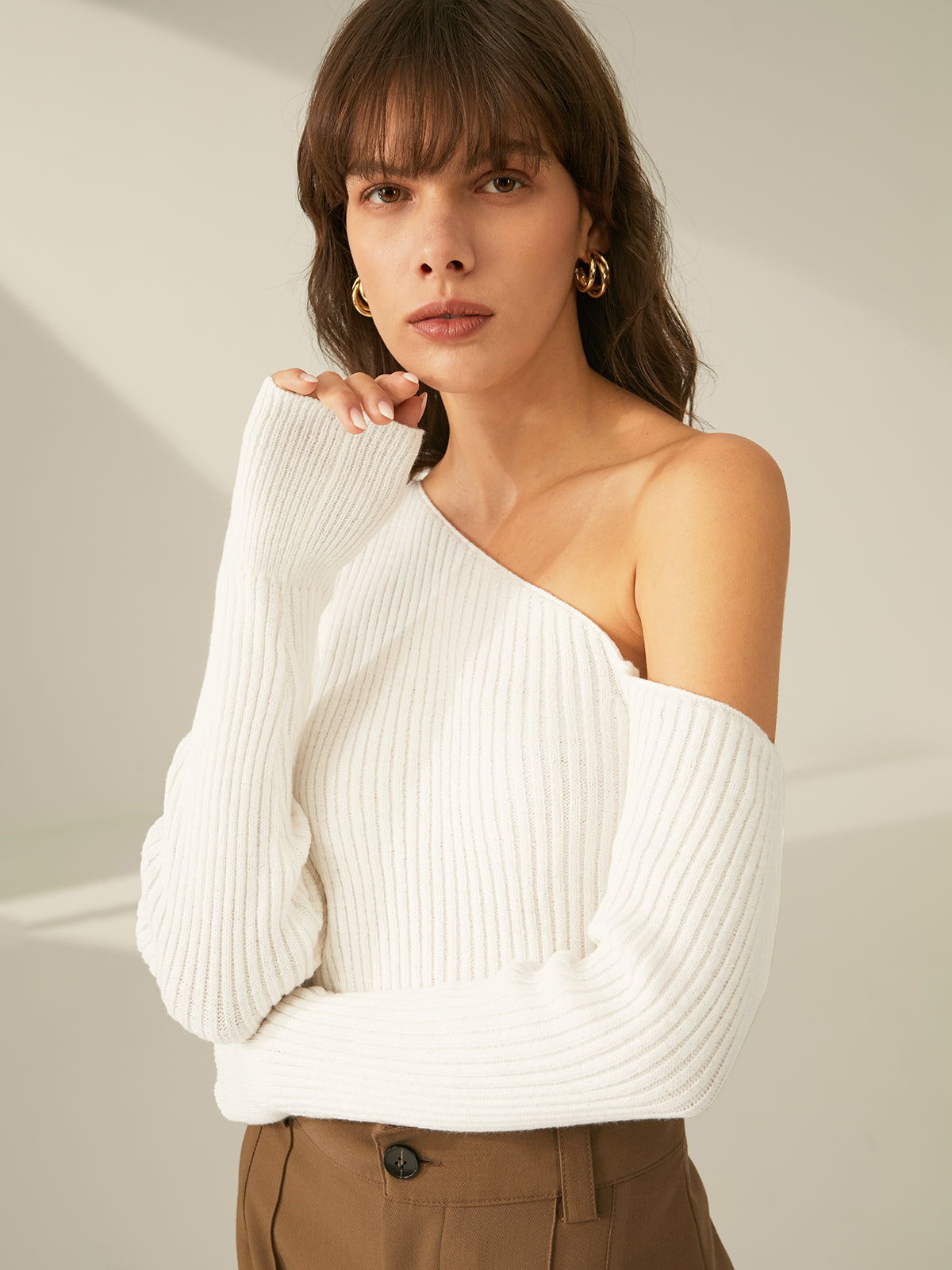 One Shoulder Long Sleeve Ribbed Pullover Sweater-Chicvia