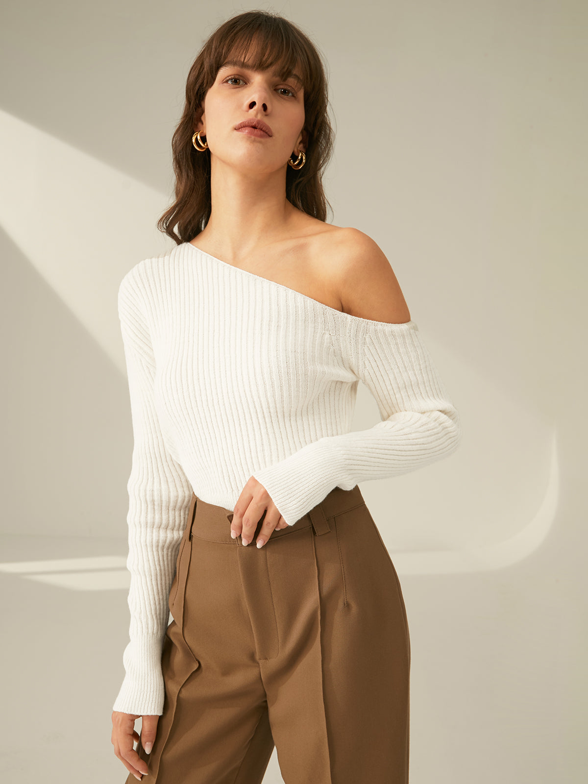 One Shoulder Long Sleeve Ribbed Pullover Sweater-Chicvia